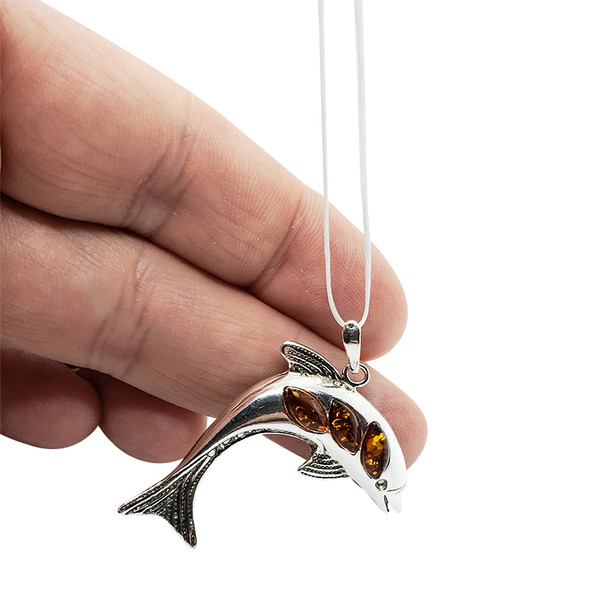 Cognac Amber Sterling Silver Dolphin Pendant