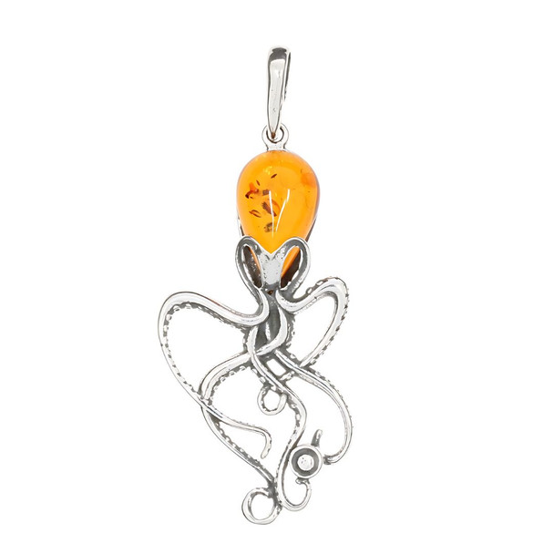 Cognac Amber .925 Silver Medium Octopus Pendant