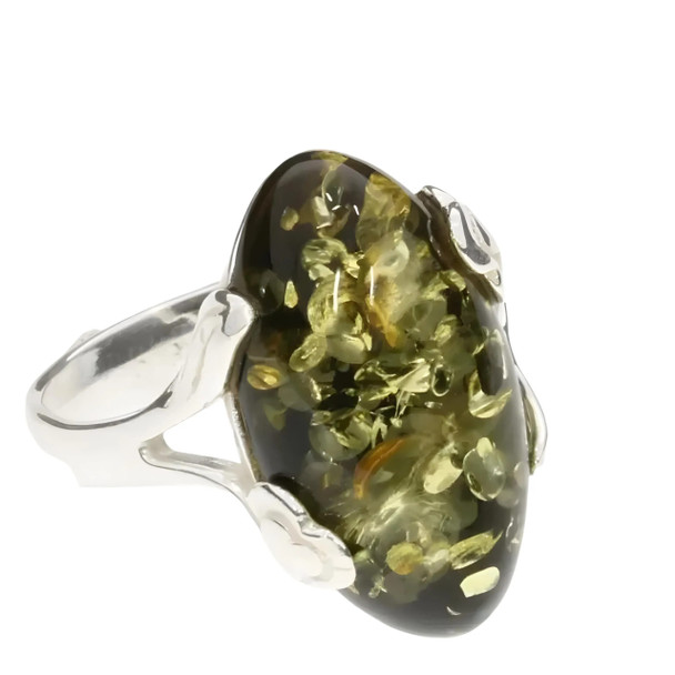 Green Amber Flower Design .925 Silver Medium Ring