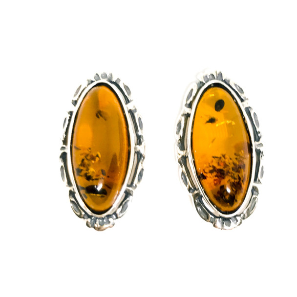 Cognac Amber Marquise-Shaped Sterling Silver Stud Earrings