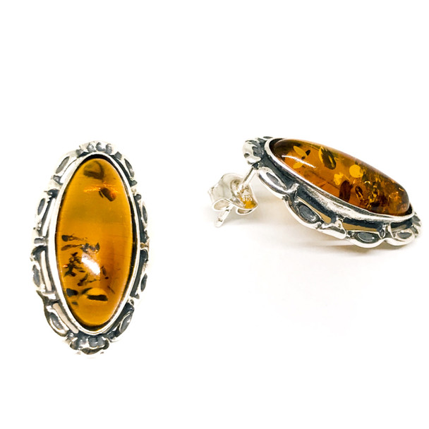 Cognac Amber Marquise-Shaped Sterling Silver Stud Earrings