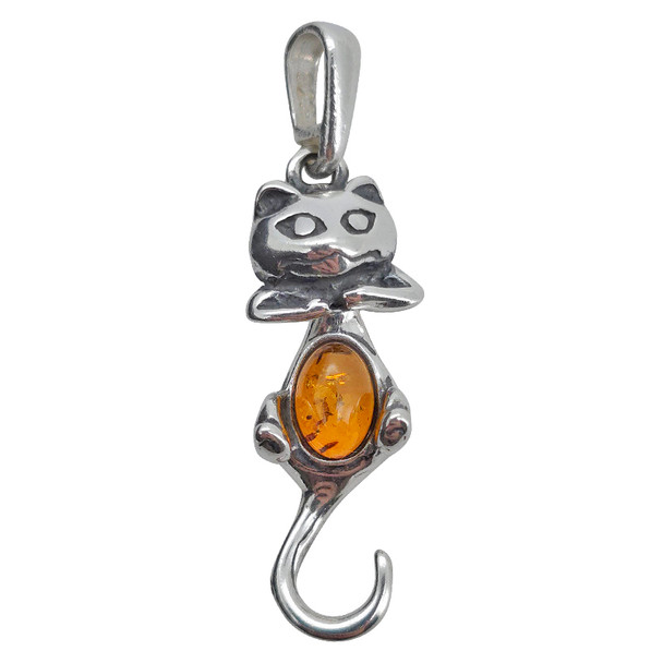 Cognac Amber Sterling Silver Cat Pendant