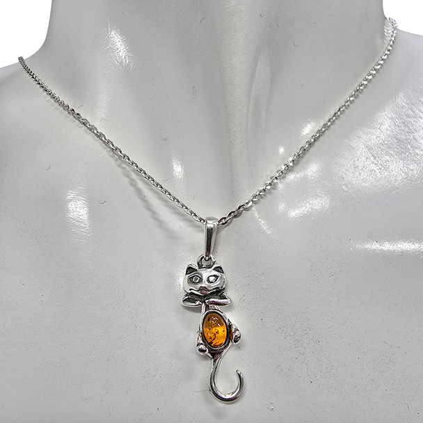Cognac Amber Sterling Silver Cat Pendant
