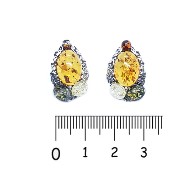Multicolor Amber Oxidized Silver Floral Stud Earrings