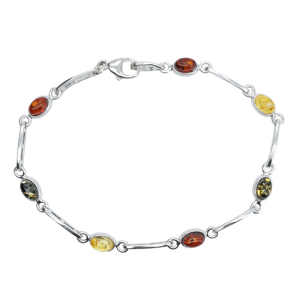 Multicolor Amber Sterling Silver Link Bracelet