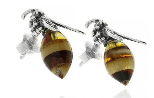 Amber Bumble Bee Stud Earrings & .925 Sterling Silver