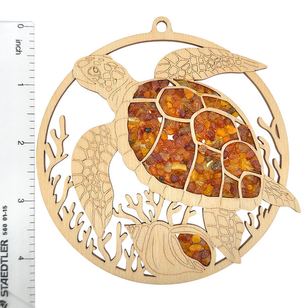 Sea Turtle Amber Suncatcher/Magnet With Wooden Stand 11 cm