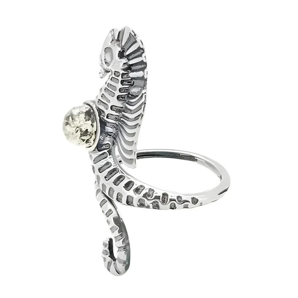 Green Amber Sterling Silver Seahorse Adjustable Ring