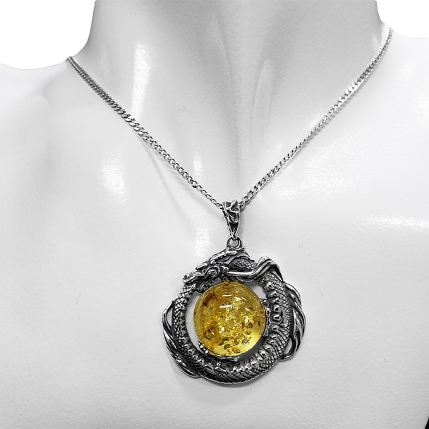 Citrine Amber Sterling Silver Ouroboros Dragon Pendant