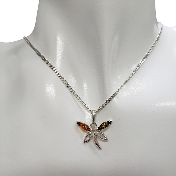 Multi-Color Amber Dragonfly Silver Pendant