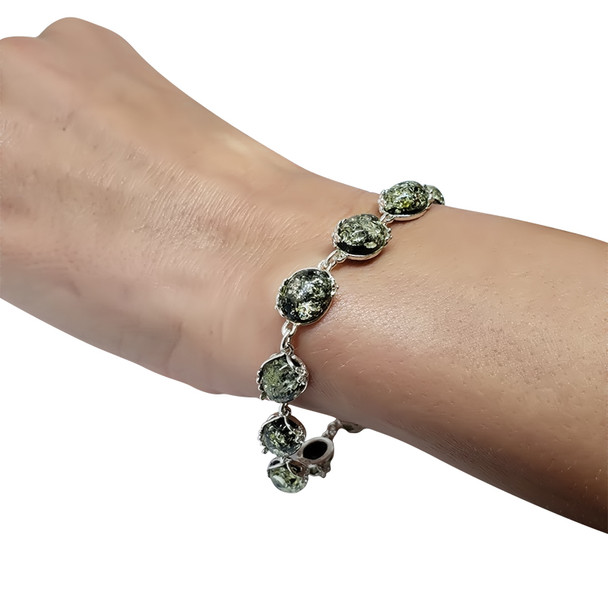 Green Amber Sterling Silver Flower Bracelet