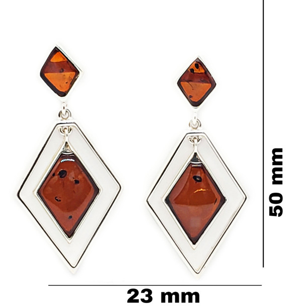Rhombus Cognac Amber Earrings/.925 Sterling Silver