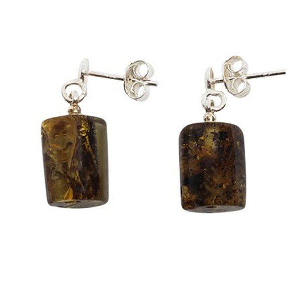 Cylinder Amber Post Dangle Earrings with Intense Inclusions