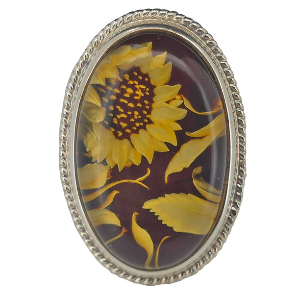 Sunflower Amber Cameo Adjustable Ring