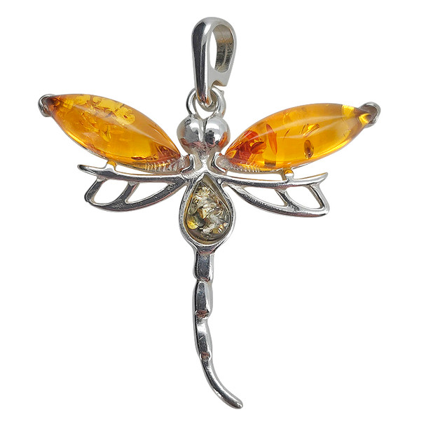 Multicolor Amber Sterling Silver Dragonfly Pendant