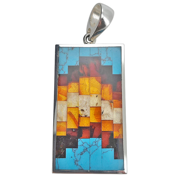 Mosaic Multicolor Amber/Pressed Turquoise Silver Pendant