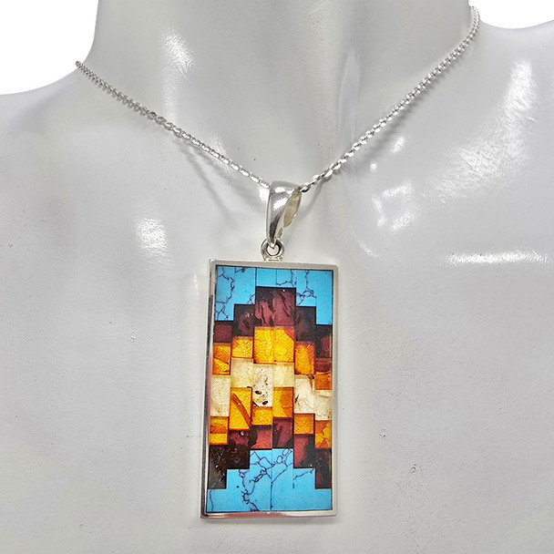Mosaic Multicolor Amber/Pressed Turquoise Silver Pendant