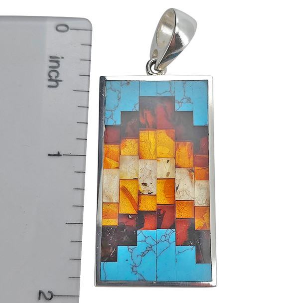 Mosaic Multicolor Amber/Pressed Turquoise Silver Pendant