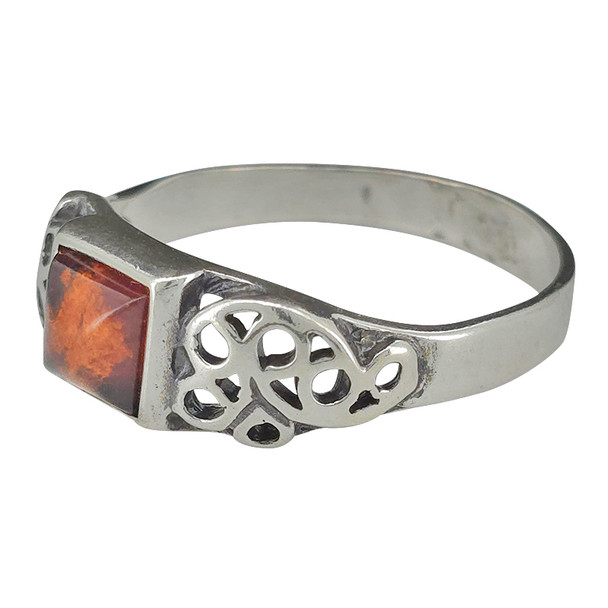 Cognac Amber Square Semi-Faceted Sterling Silver Ring