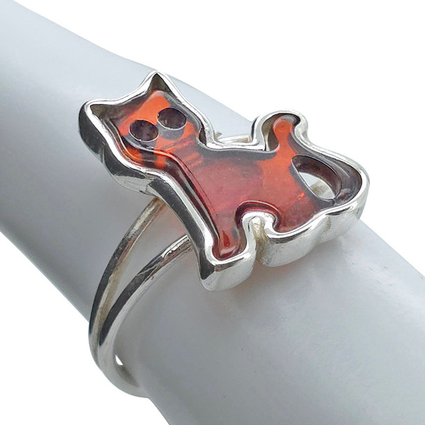 Amber Sterling Silver Cat Adjustable Ring ..