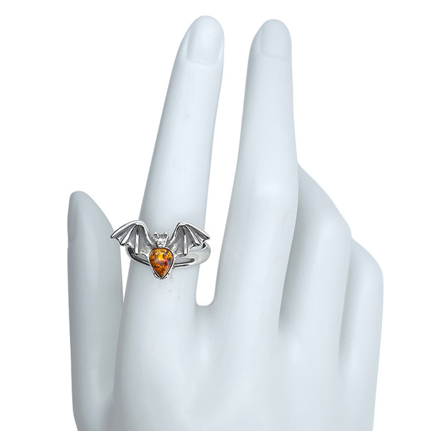 Amber Sterling Silver Bat Adjustable Ring ---