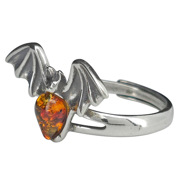 Cognac Amber Sterling Silver Bat Adjustable Ring