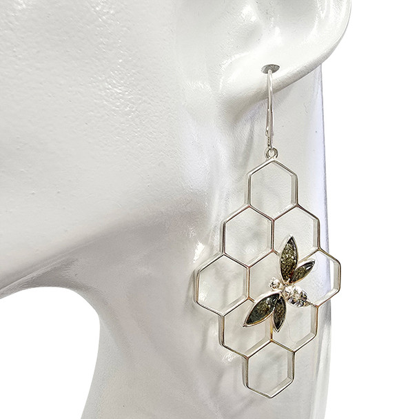 Green Amber Sterling Silver Bee Earrings