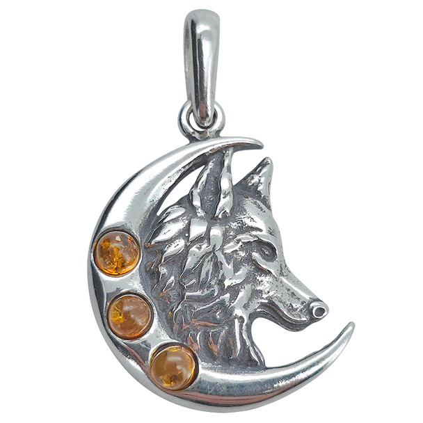 Cognac Amber Sterling Silver Moon And Wolf Pendant ..