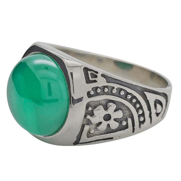 Green Onyx Round Floral Sterling Silver Unisex Ring