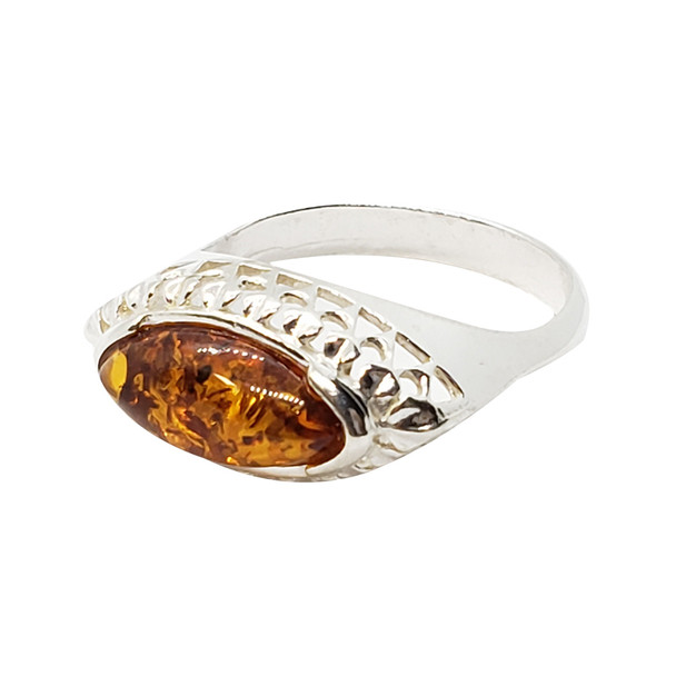 Cognac Amber Sterling Silver Sideways Marquise Ring