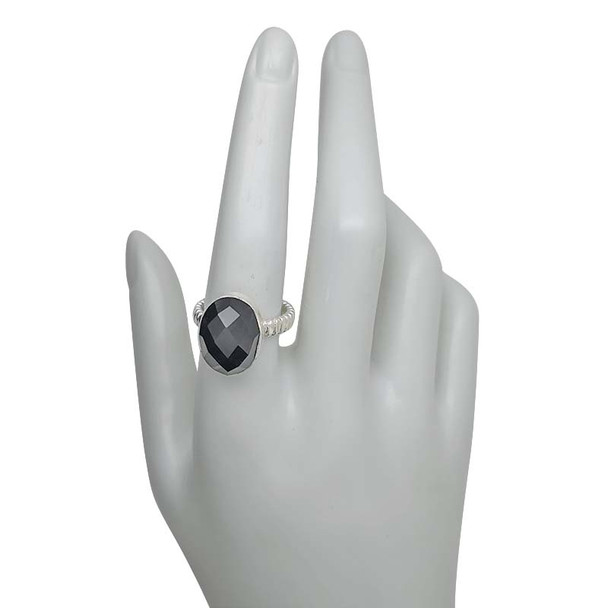 Checker-Cut Faceted Black Onyx Oval Sterling Silver Ring