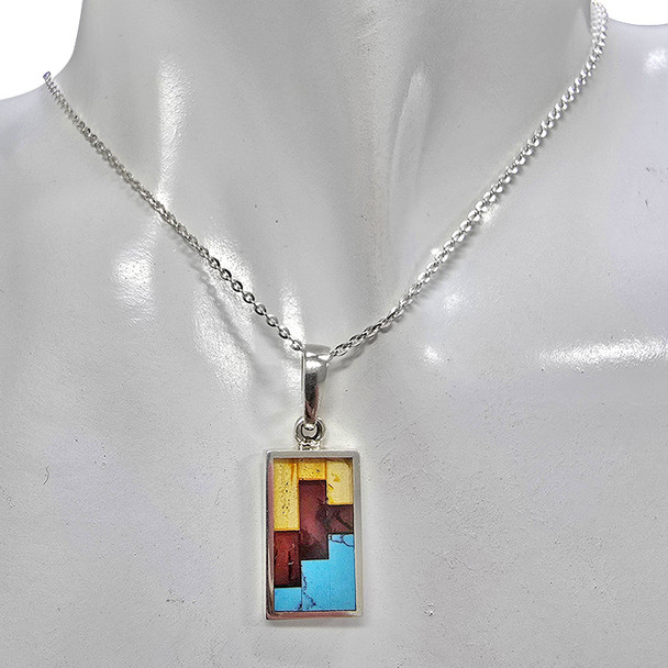 Mosaic Multicolor Amber/Pressed Turquoise Sterling Silver Pendant