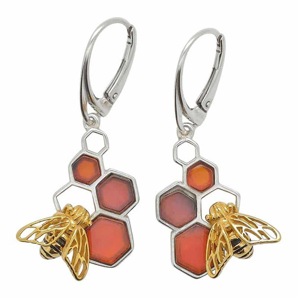Cherry Amber Gold Plated Silver Bee Earrings On Hooks
