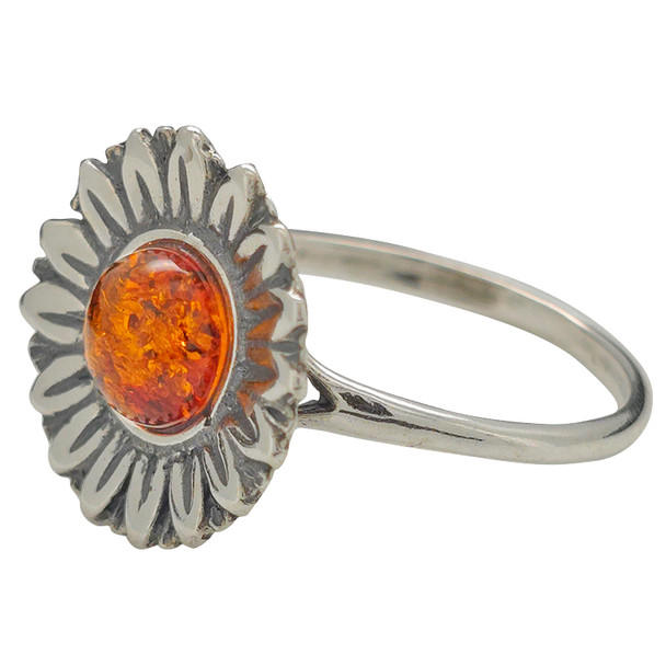 Cognac Amber Oxidized Silver Sunflower Ring
