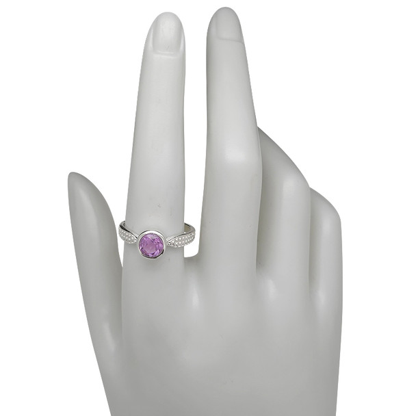 Elegant Round Bezel Amethyst Sterling Silver Textured Ring