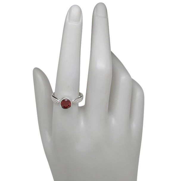 Elegant Round Bezel Garnet Sterling Silver Textured Ring