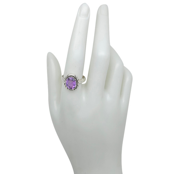 Faceted Oval Amethyst Lined Bezel Silver Ring