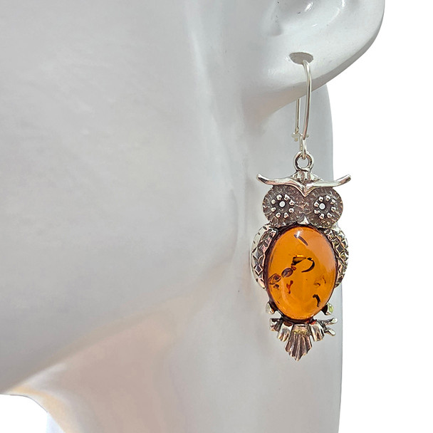 Owl Cognac Amber Sterling Silver Earrings On Hooks