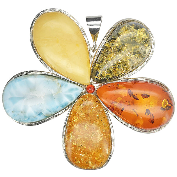 Flower Amber / Larimar Oversized Handmade Pendant
