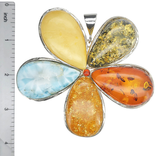 Flower Amber / Larimar Oversized Handmade Pendant