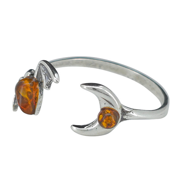 Cognac Amber Sterling Silver Bat / Moon Adjustable Ring
