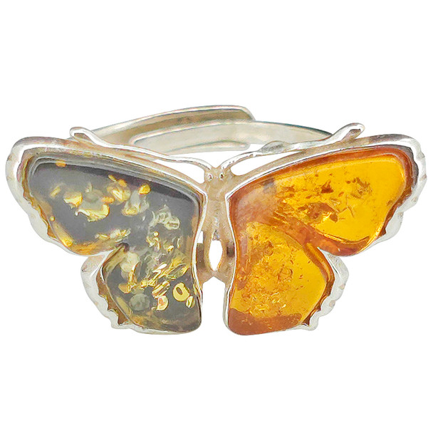Multicolor Amber Sterling Silver Butterfly Adjustable Ring