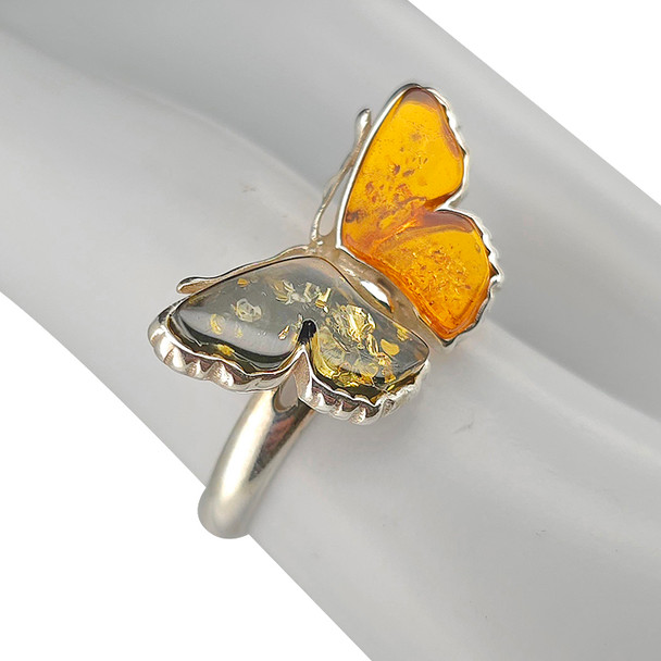 Multicolor Amber Sterling Silver Butterfly Adjustable Ring