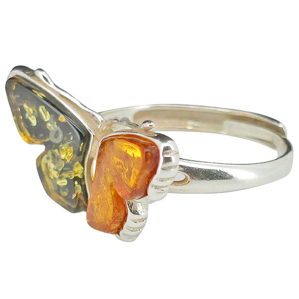 Multicolor Amber Sterling Silver Butterfly Adjustable Ring