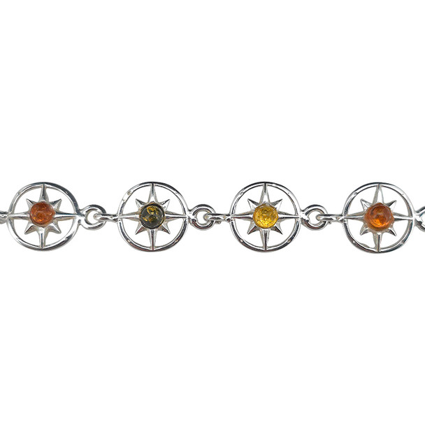 Amber Sterling Silver Compass Rose Link Bracelet