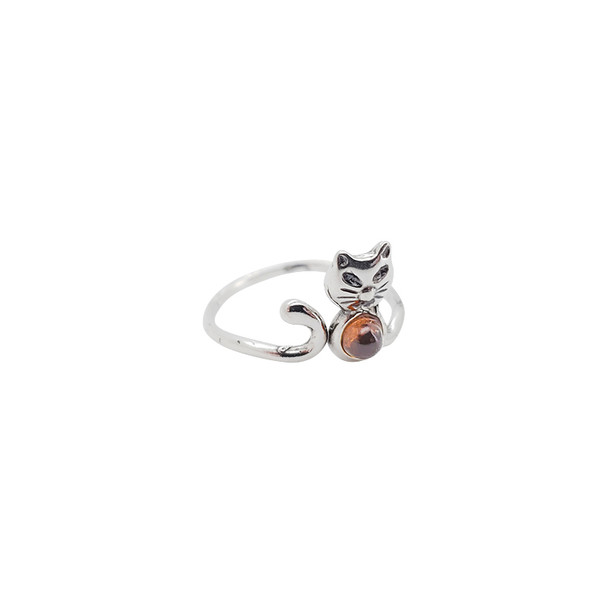 Cat Cognac Amber Sterling Silver Adjustable Ring