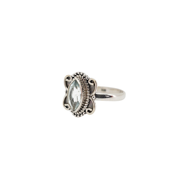 Faceted Blue Topaz Ornate Marquise Stone Sterling Silver Ring
