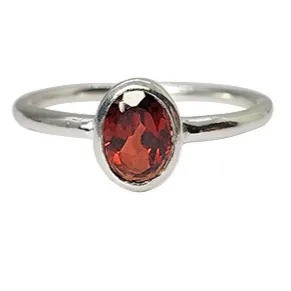 Simple Faceted Garnet Oval Stone Sterling Silver Ring