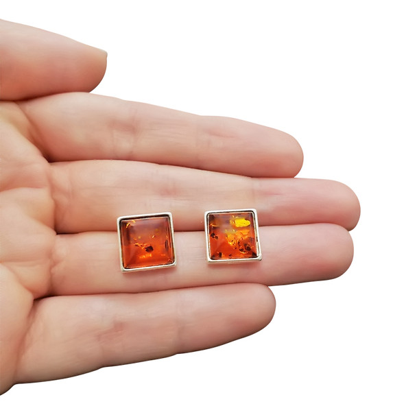 Cognac Amber Sterling Silver Stud Earrings