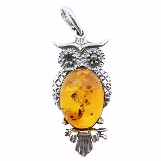 Owl Cognac Amber Sterling Silver Pendant -----